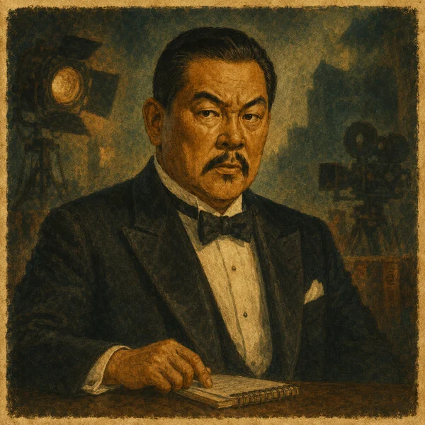 Illustration von Charlie Chan im dunklen Anzug vor Filmkameras und Studioscheinwerfern
