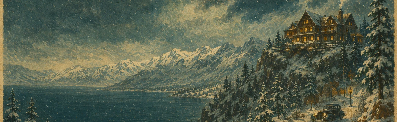 Illustration des verschneiten Lake Tahoe und einer Lodge