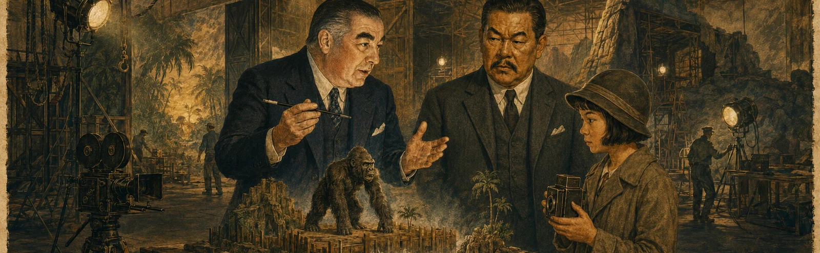 Illustration einer Filmstudio-Szene mit Charlie Chan, Lily und Edgar Wallace